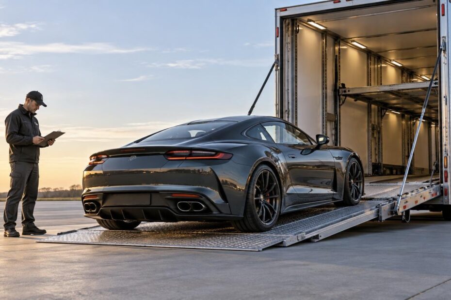 Dark gray luxury sports coupe positioned on the ramp of an enclosed car transporter at sunset while a worker checks a clipboard nearby.
