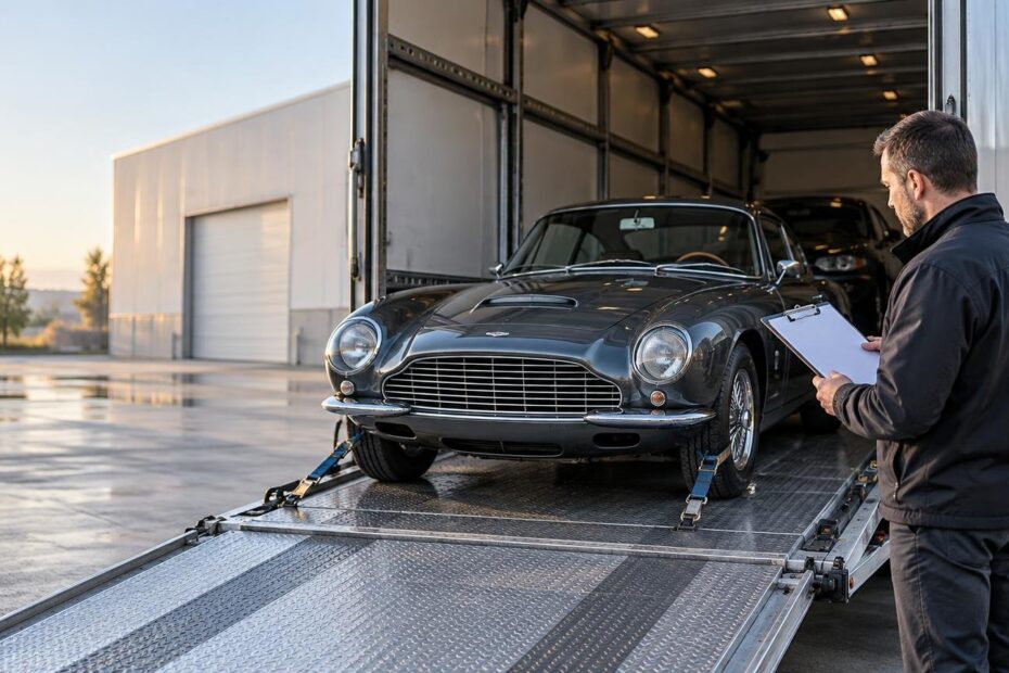 A dark classic coupe secured on the ramp of an enclosed vehicle transporter while a man with a clipboard inspects it outside a warehouse.