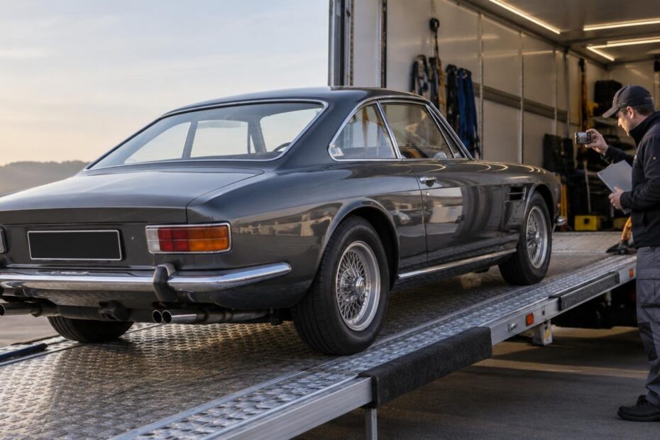A dark gray classic grand touring coupe sits on the ramp of an enclosed car transporter while a man photographs its condition with a phone and holds a clipboard.