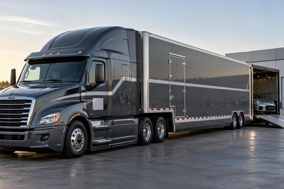Dark gray enclosed car-carrier semi-truck parked outside a warehouse, with its rear ramp lowered and a silver sports car visible inside.